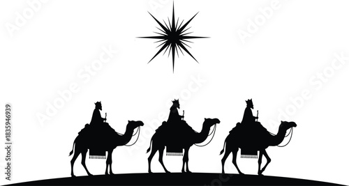 Minimalist three Magi silhouette on camels graphic, following the Star of Bethlehem centered above the horizon, traditional Christian Nativity vector illustration for seasonal Epiphany cards and 