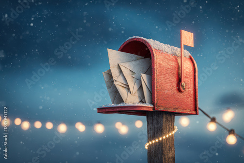 Vintage red Santa mailbox overflowing with letters, dusted with snow and wrapped in fairy lights — whimsical holiday imagery.