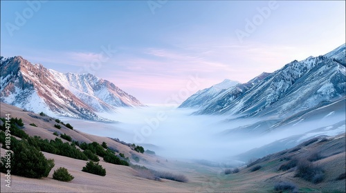 Mountain Range with Fog and Sky at Dawn