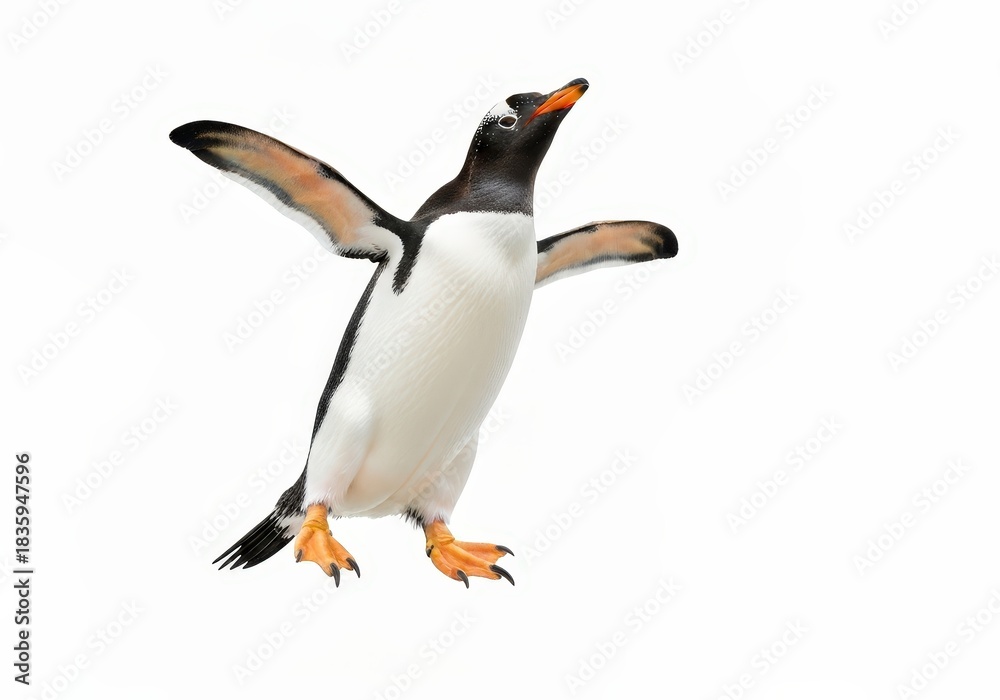 Obraz premium Elegant Gentoo Penguin in Mid-Air Pose with Outstretched Wings Against White Background