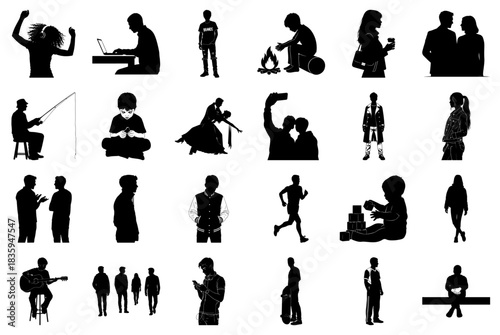 Collage of Human Silhouettes Depicting Activities and Interactions Keywords: silhouette, people