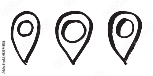 Set of hand drawn map pin Map marker pointer sign GPS and mapping tools Location pin symbol Pinpoint clipart in doodle style Single element for web, design