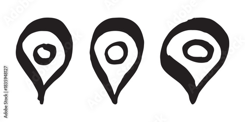Set of hand drawn map pin Map marker pointer sign GPS and mapping tools Location pin symbol Pinpoint clipart in doodle style Single element for web, design