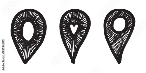 Set of hand drawn map pin Map marker pointer sign GPS and mapping tools Location pin symbol Pinpoint clipart in doodle style Single element for web, design