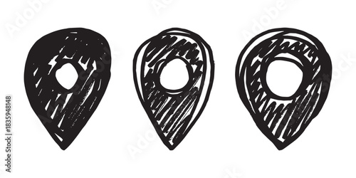 Set of hand drawn map pin Map marker pointer sign GPS and mapping tools Location pin symbol Pinpoint clipart in doodle style Single element for web, design