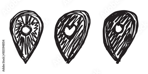 Set of hand drawn map pin Map marker pointer sign GPS and mapping tools Location pin symbol Pinpoint clipart in doodle style Single element for web, design