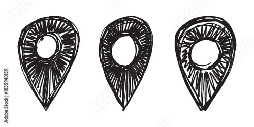 Set of hand drawn map pin Map marker pointer sign GPS and mapping tools Location pin symbol Pinpoint clipart in doodle style Single element for web, design