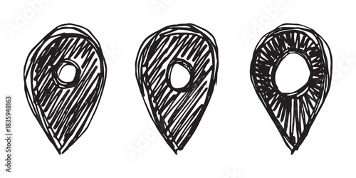Set of hand drawn map pin Map marker pointer sign GPS and mapping tools Location pin symbol Pinpoint clipart in doodle style Single element for web, design