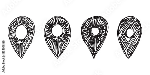 Set of hand drawn map pin Map marker pointer sign GPS and mapping tools Location pin symbol Pinpoint clipart in doodle style Single element for web, design