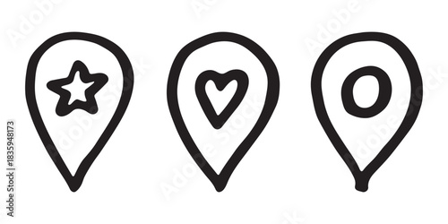 Set of hand drawn map pin Map marker pointer sign GPS and mapping tools Location pin symbol Pinpoint clipart in doodle style Single element for web, design