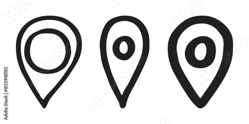 Set of hand drawn map pin Map marker pointer sign GPS and mapping tools Location pin symbol Pinpoint clipart in doodle style Single element for web, design