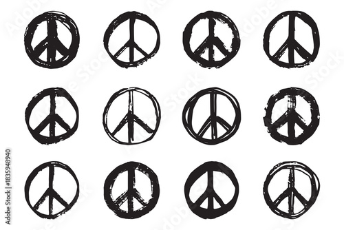 Set of hand drawn peace sign No war symbol Hippie clipart in doodle style Single element for print, web, design, decor