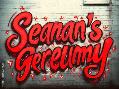 Vibrant red and black graffiti text painted on a gray brick wall with decorative small red accents around the letters