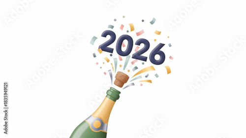 3D Render Champagne Bottle Popping Cork with 2026 Numbers and Confetti