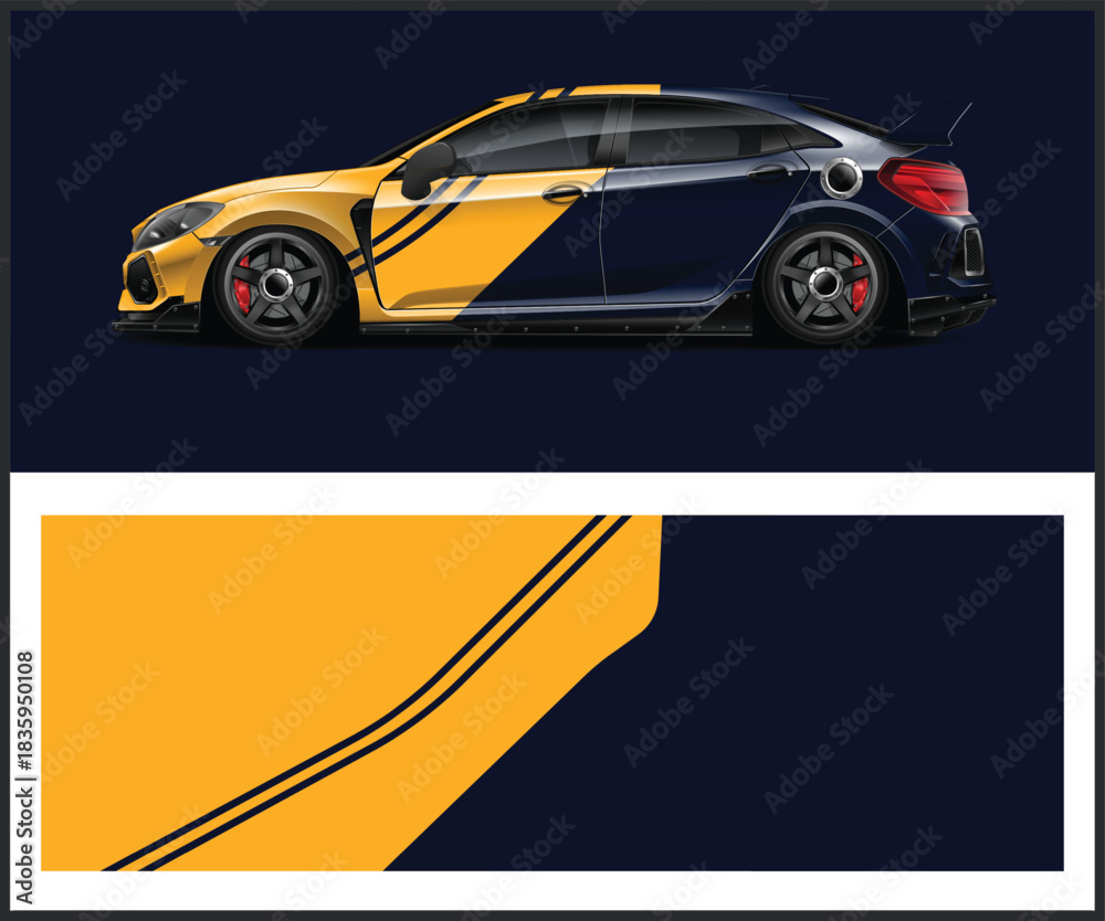 Fototapeta premium Two tone sports car with yellow and blue paint job on dark background