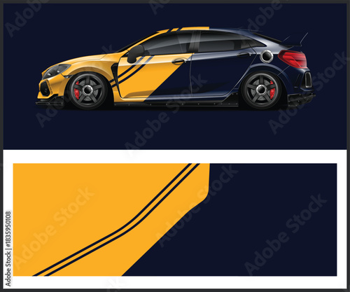Two tone sports car with yellow and blue paint job on dark background