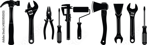 Set of black construction tool silhouettes including hammer, wrench, pliers, screwdriver, axe, caliper and paint roller, vector illustration for home repair and maintenance icons.