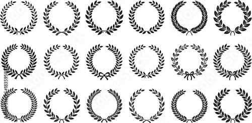 Set of black laurel wreaths vector illustration isolated on white background for awards, certificates, victory emblems, heraldic design elements, and champion trophy achievement symbols.