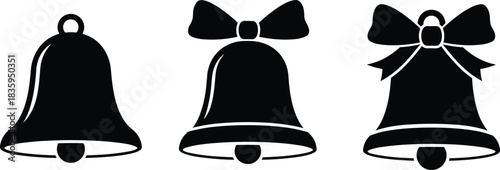 Set of Christmas bells icons with decorative bows, black silhouette vector illustration, collection of holiday ornament symbols, isolated design elements for winter greeting card decoration, simple.
