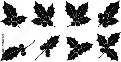 Set of eight black holly leaves and red berry silhouette illustrations, simple monochrome vector icons collection for Christmas, winter, decorative corners, border design, and festive holiday projects