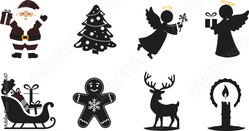 Set of eight Christmas icons, featuring Santa Claus, decorated pine tree, angels, gingerbread man, reindeer, full sleigh with gifts, and candle, perfect for holiday greeting card and seasonal web desi