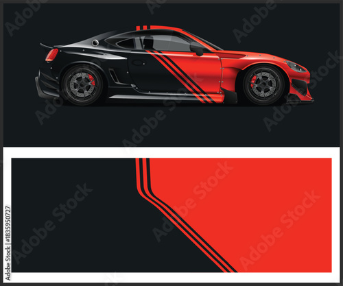 Bold racing car wrap design with black and orange color scheme for vehicles