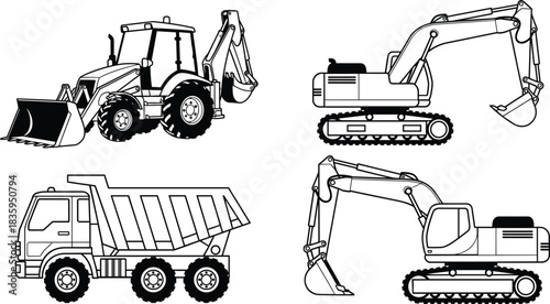 Set of heavy construction machinery icons, vector line art of excavator, dump truck and backhoe loader, black and white outline for industrial transport design.