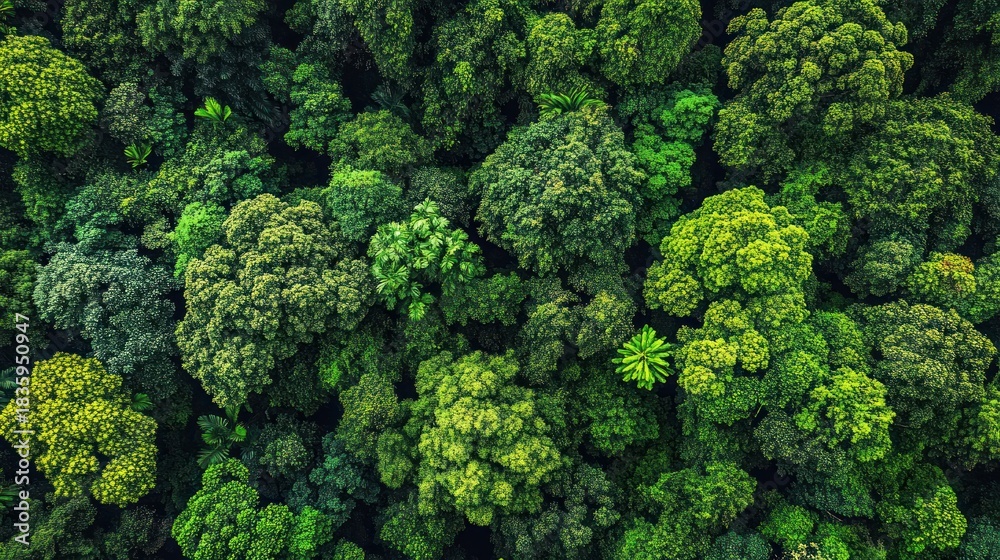 Fototapeta premium Aerial view of a dense lush green forest with various tree species creating a vibrant natural canopy