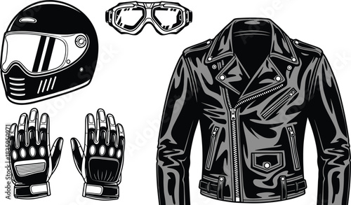 Set of motorcycle rider equipment featuring black leather jacket, full face helmet, protective gloves and goggles, biker safety gear collection, cad drawing flat vector illustration