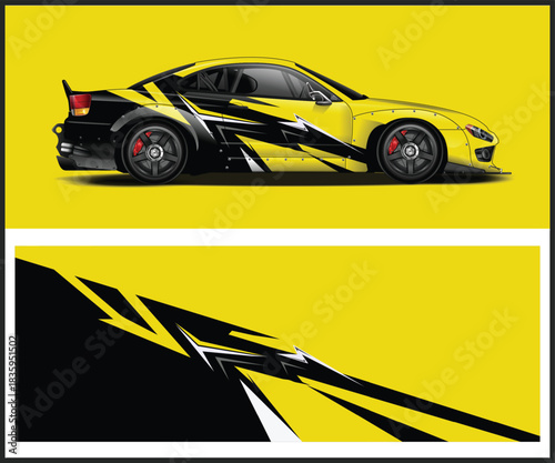 Yellow and black racing car wrap design with abstract graphics