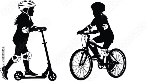 Children riding scooter and bicycle silhouette illustration, safety gear and outdoor activity concept vector, black and white graphic for recreation themes