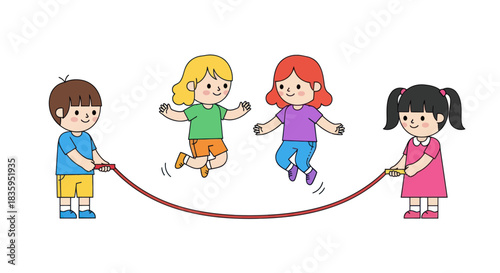 Cartoon Children Playing Jump Rope Having Fun Together.