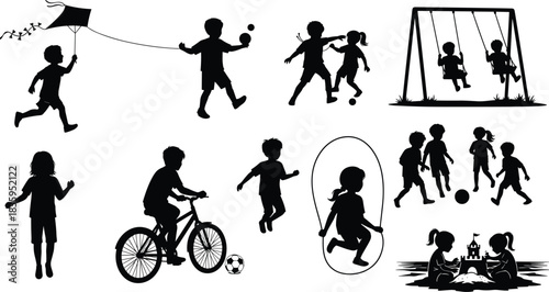 Children silhouettes, outdoor play, active kids, playground fun, sports activity, childhood joy, recreational movement, social interaction, energetic youth, summer games, teamwork, carefree moments