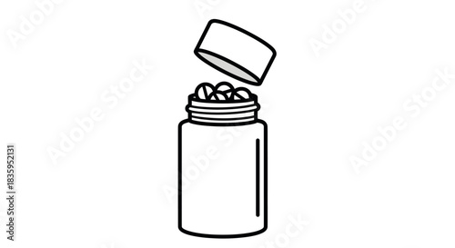 Open Pill Bottle with Pills and Detached Cap Illustration.