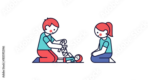 Cartoon illustration of a child practicing CPR on a doll with another child observing.