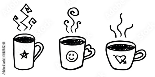Set of cup of tea or coffee with rising steam Simple mug clipart Cozy home doodle Single element for print, web, design, decor