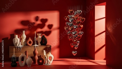 Red room with vases and heart-shaped balloons chandelier interior decor