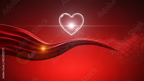 Transparent Heart with Red Ribbon and Glitter on Red Background glass love