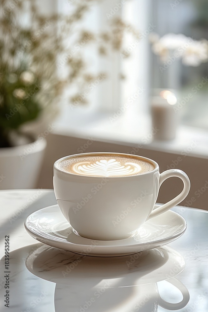 Fototapeta premium White cup of coffee with latte art on top placed on a saucer on a marble table, bright and calm morning setting with blurred plants and window in the background