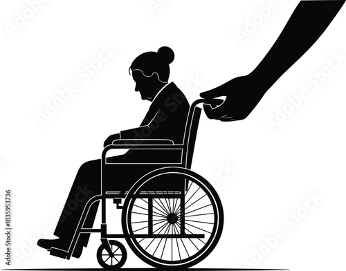 Wheelchair assistance silhouette illustration, caregiving posture and mobility support concept vector, black and white graphic for accessibility and elder care themes