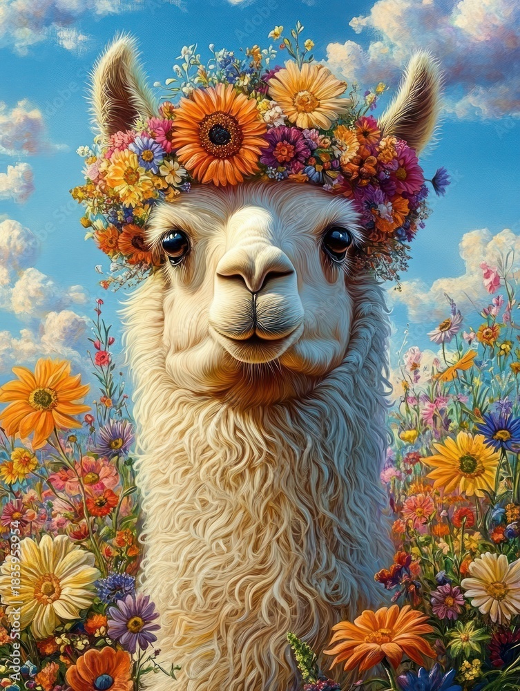Fototapeta premium Close-up of a calm alpaca wearing a colorful flower crown surrounded by vibrant wildflowers under a partly cloudy blue sky