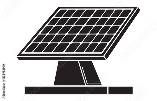 Black and white illustration of a single solar panel mounted on a stand with a base for generating clean renewable energy