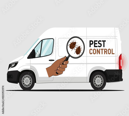 Pest control service van with magnifying glass focusing on bugs promoting extermination and prevention for homes and businesses vector illustration
