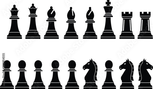 Black silhouette chess pieces including king queen rook bishop knight and pawn vector