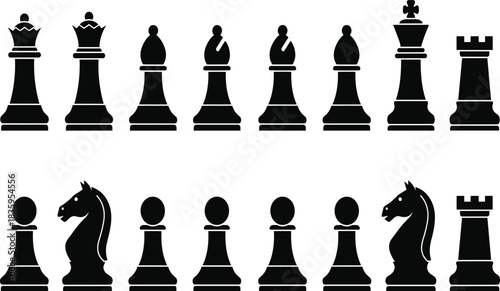 Black and white silhouette icons of chess pieces including king queen rook bishop and pawn
