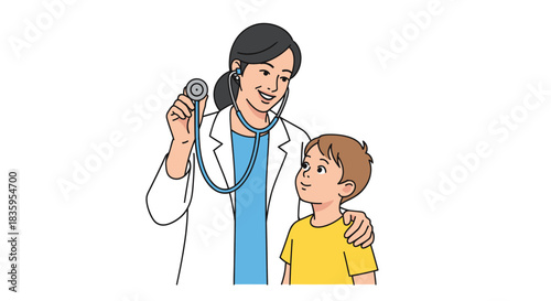 Friendly female doctor examining young boy with stethoscope illustration.