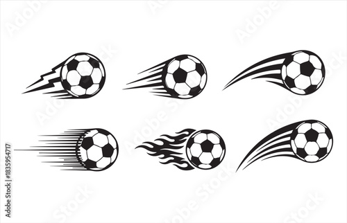 Dynamic collection of six stylized black and white soccer balls in motion with speed lines and flames