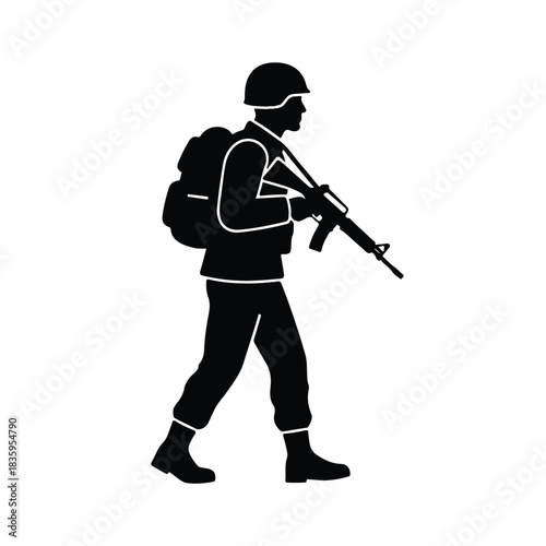 Silhouette of a determined soldier in uniform, equipped with a rifle and backpack, walking forward to symbolize military service and defense
