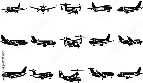 Collection of black silhouette icons of various airplanes and helicopters aircraft