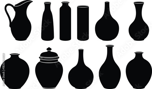 Collection of black silhouette vases and pitchers on white background bottle